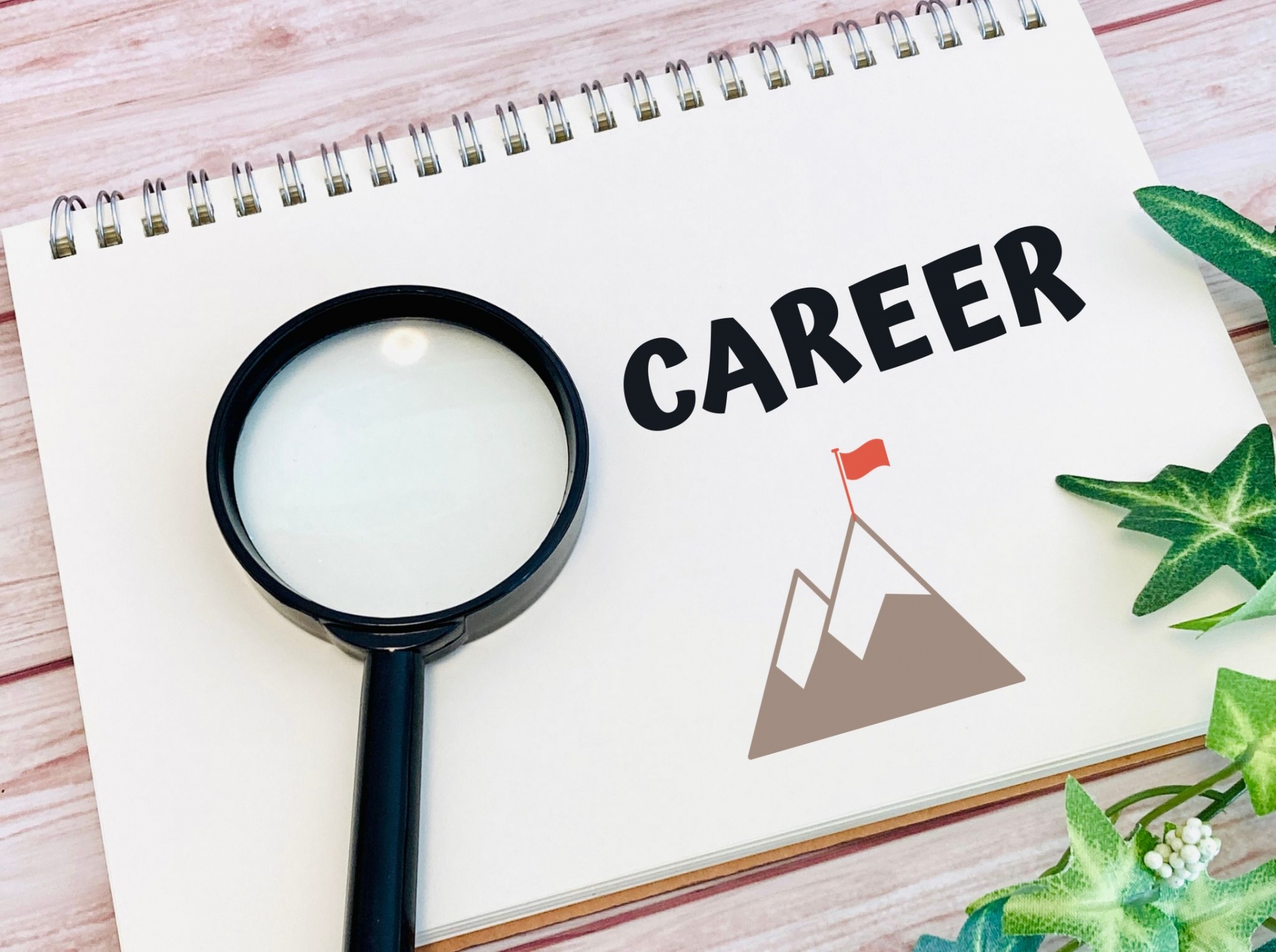虫眼鏡と登頂の旗のイラストがある「CAREER（キャリア）」の文字が書かれたノート