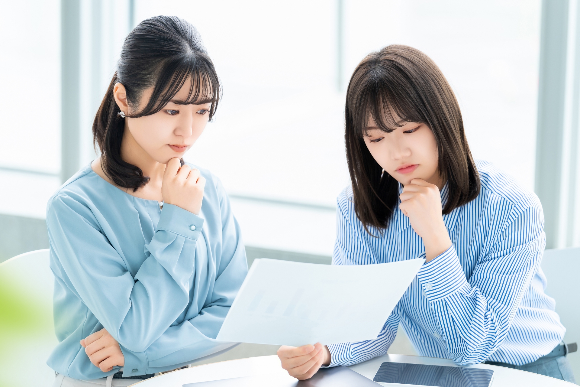 真剣な表情で書類を検討する2人の若い女性